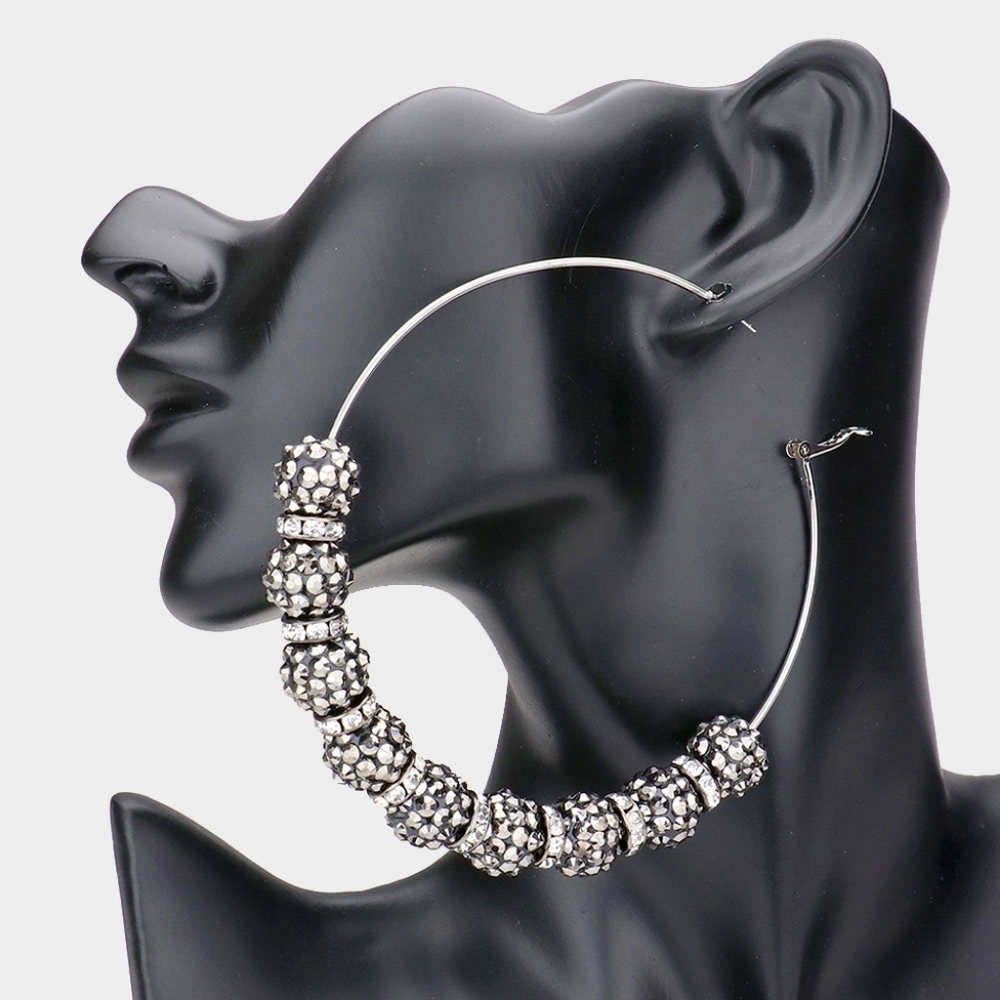 Gray Shamballa 3.8" Disco Beads Hoop Earrings Cute Fashion Statement Jewelry